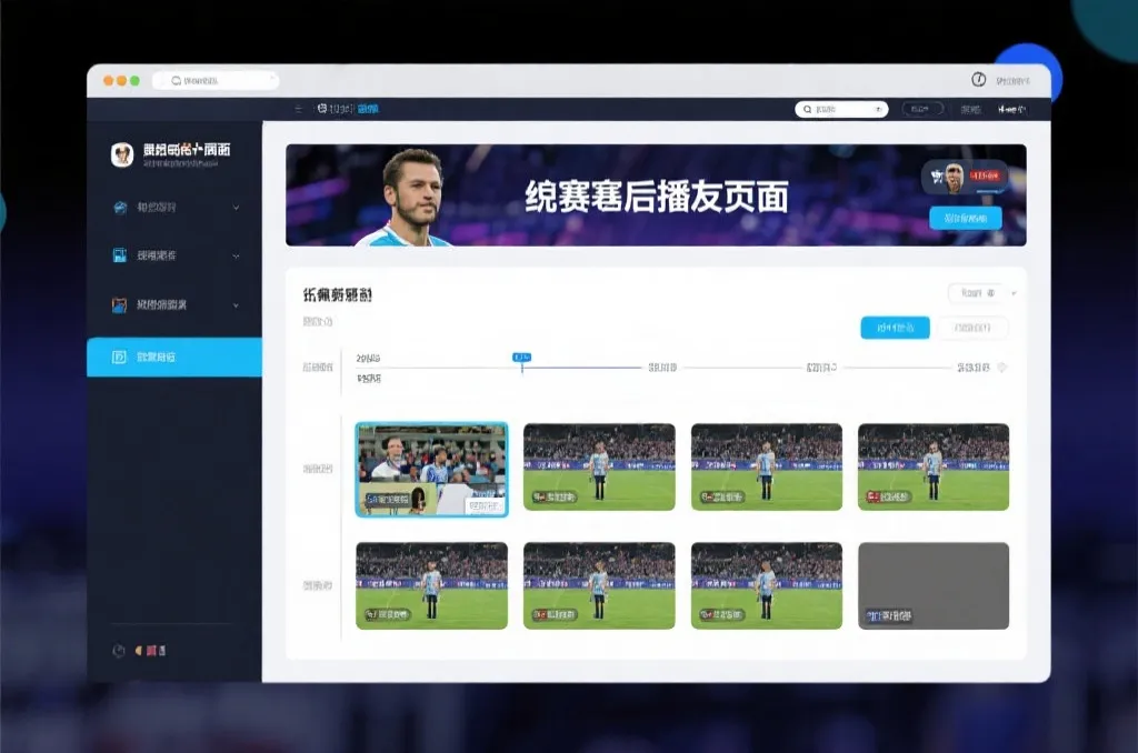 比赛结束后，电视屏幕展示集锦回放页面，旁边有时间轴和多角度切换提示